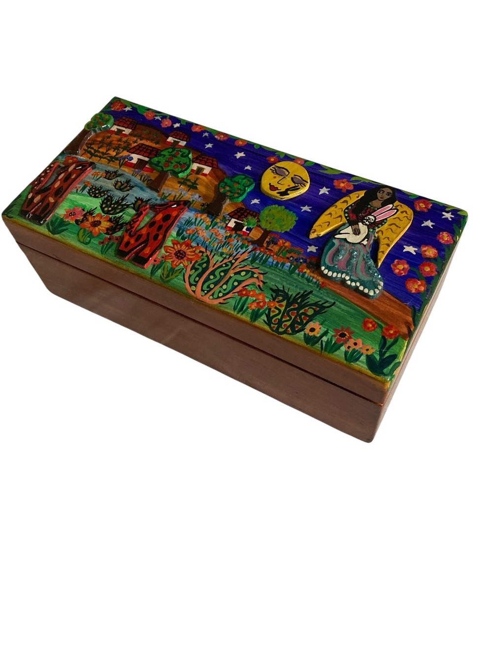 Hand-Painted Decorative Wooden Box - Colorful Folk Art 1993